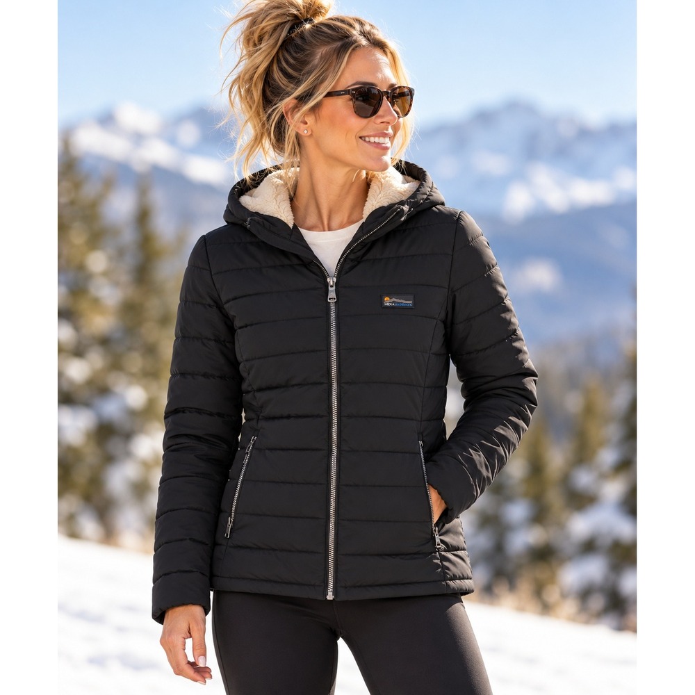 HFX Outdoors Puffer Jacket Women Medium Black Sherpa Hood Water Resistant Coat